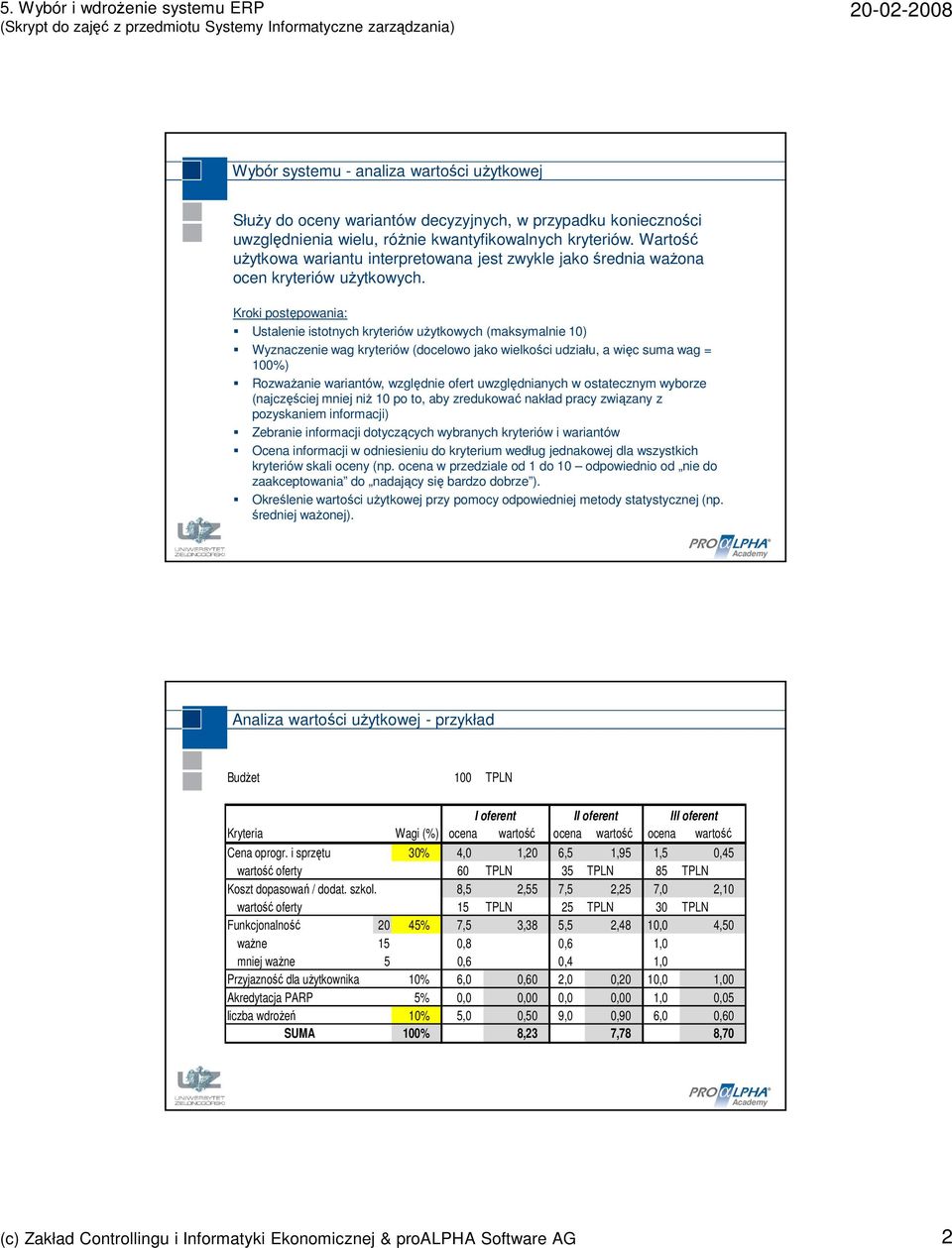 Kroki postępowania: Ustalenie istotnych kryteriów użytkowych (maksymalnie 10) Wyznaczenie wag kryteriów (docelowo jako wielkości udziału, a więc suma wag = 100%) Rozważanie wariantów, względnie ofert