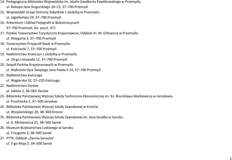 Polskie Towarzystwo Turystyczno-Krajoznawcze, Oddział im. M. Orłowicza w Przemyślu ul. Waygarta 3, 37 700 Przemyśl 18. Towarzystwo Przyjaciół Nauk w Przemyślu ul. Kościuszki 7, 37 700 Przemyśl 19.