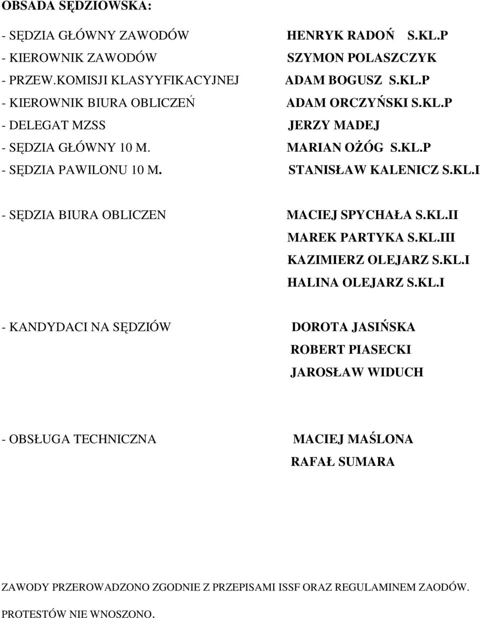 KL.II MAREK PARTYKA S.KL.III KAZIMIERZ OLEJARZ S.KL.I HALINA OLEJARZ S.KL.I - KANDYDACI NA SĘDZIÓW DOROTA JASIŃSKA ROBERT PIASECKI JAROSŁAW WIDUCH - OBSŁUGA