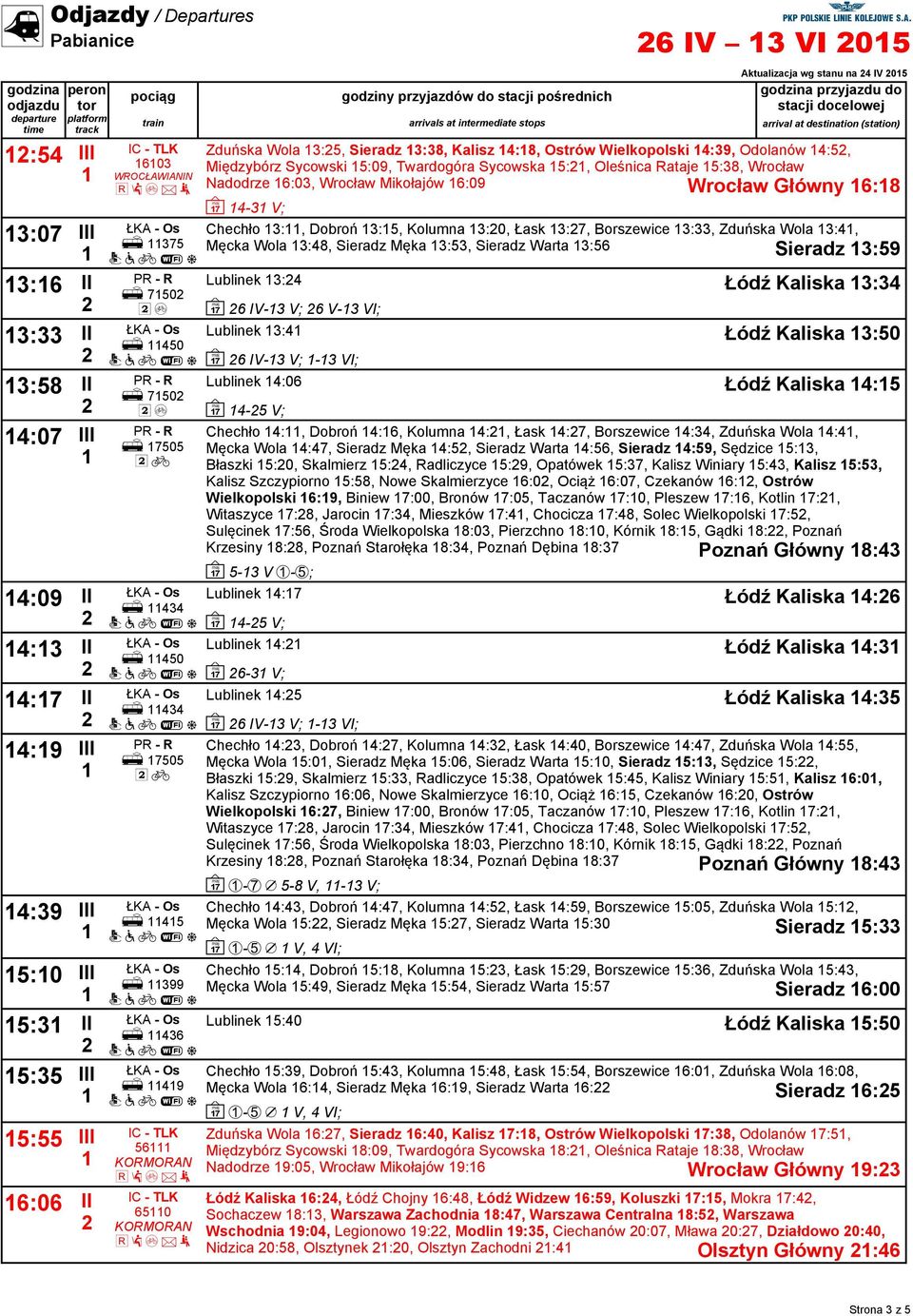 Sycowski 5:09, Twardogóra Sycowska 5:, Oleśnica Rataje 5:38, Wrocław Nadodrze 6:03, Wrocław Mikołajów 6:09 Wrocław Główny 6:8 ~ 4-3 V; Chechło 3:, Dobroń 3:5, Kolumna 3:0, Łask 3:7, Borszewice 3:33,