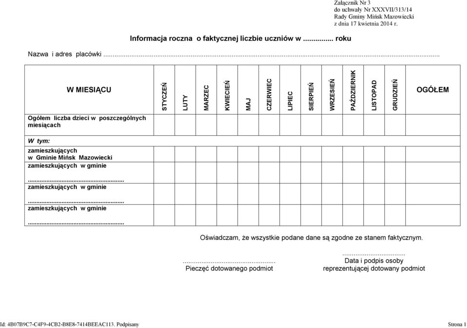 .. W MIESIĄCU OGÓŁEM Ogółem liczba dzieci w poszczególnych miesiącach W tym: zamieszkujących w Gminie Mińsk Mazowiecki.