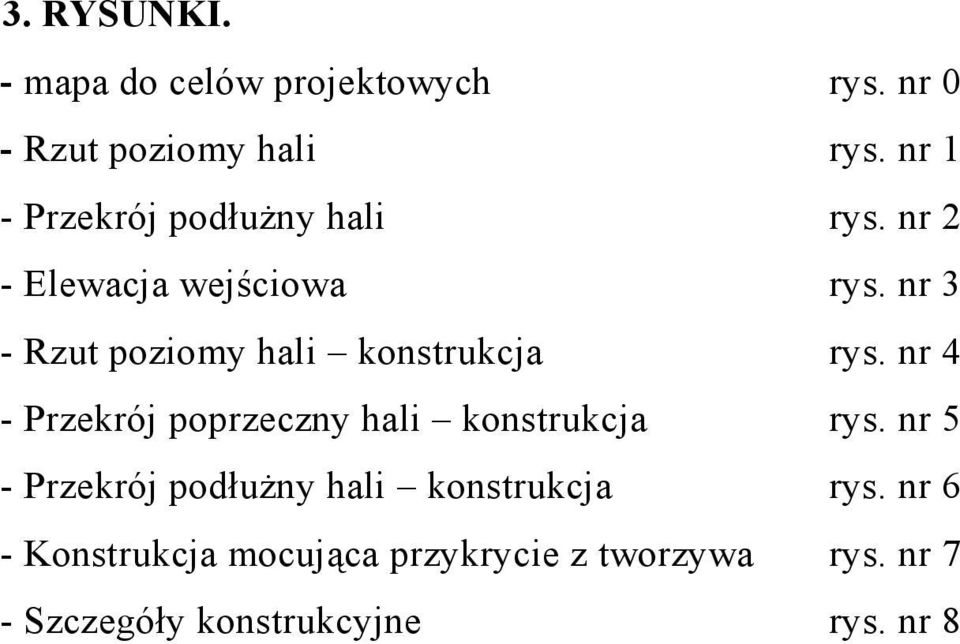 nr 3 - Rzut poziomy hali konstrukcja rys. nr 4 - Przekrój poprzeczny hali konstrukcja rys.