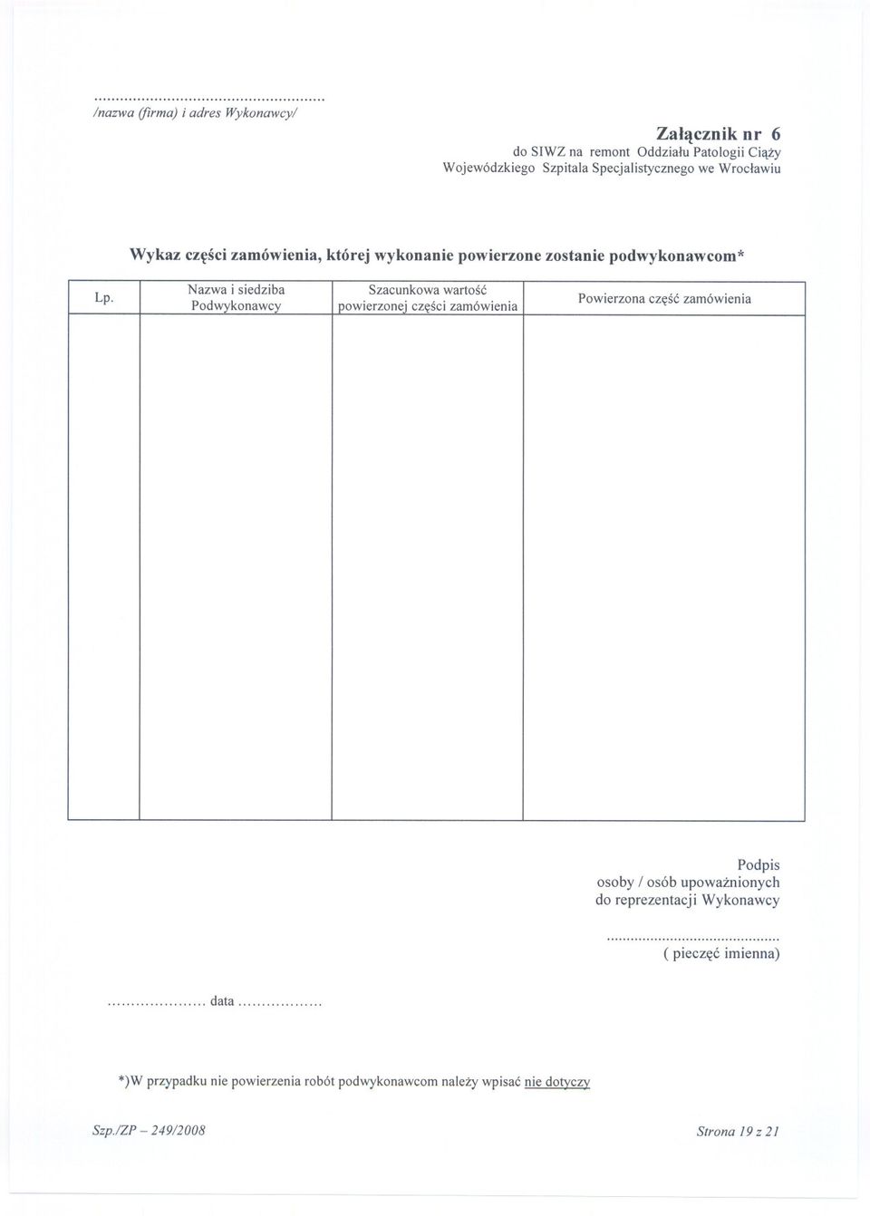 Nazwa i siedziba Podwykonawcy Szacunkowa wartosc Dowierzonejczesci zamówienia Powierzona czesc zamówienia Podpis osoby / osób upowaznionych