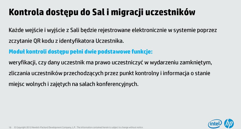 Moduł kontroli dostępu pełni dwie podstawowe funkcje: weryfikacji, czy dany uczestnik ma prawo uczestniczyć w