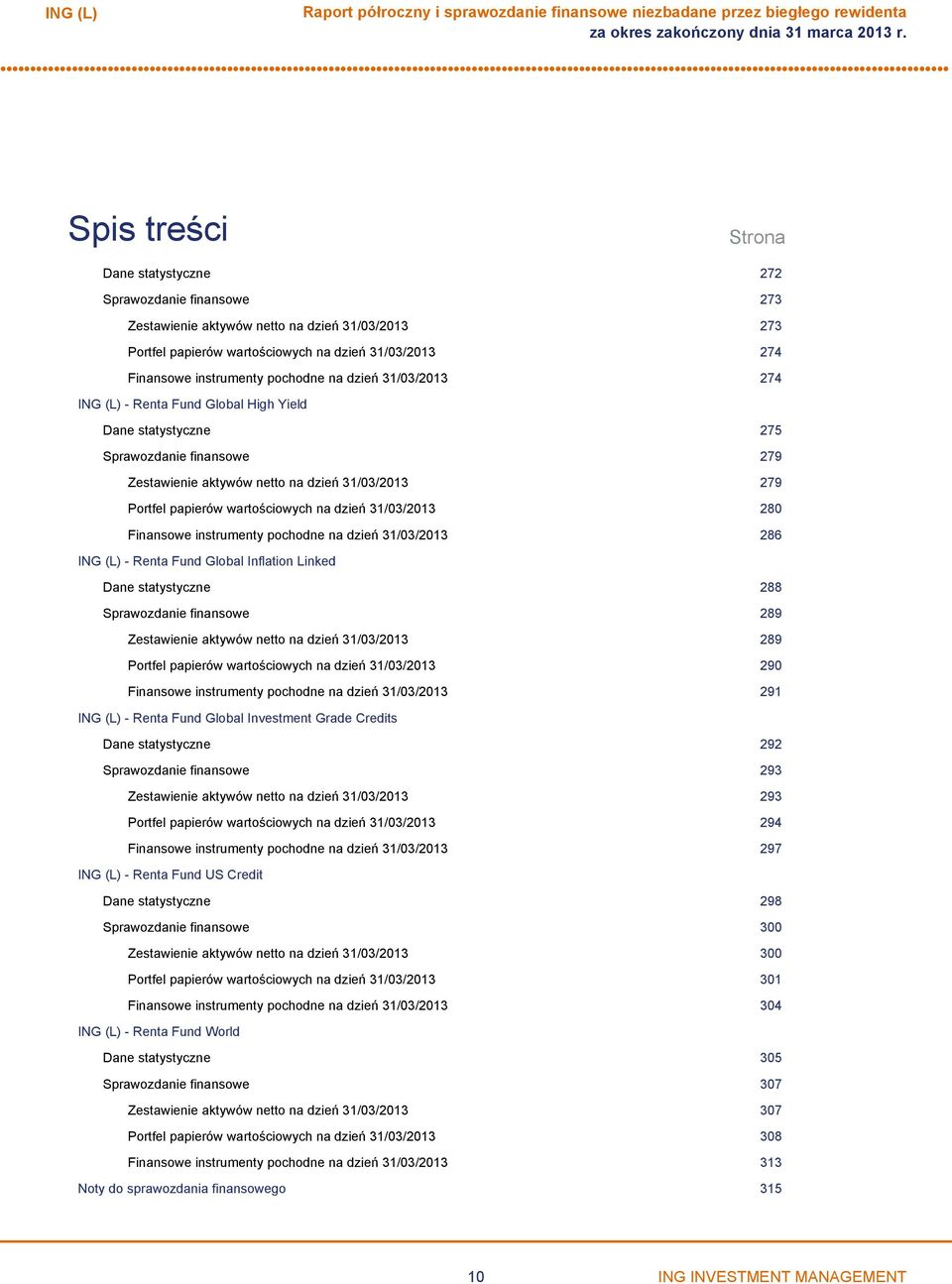 dzień 31/03/2013 280 Finansowe instrumenty pochodne na dzień 31/03/2013 286 Renta Fund Global Inflation Linked Dane statystyczne 288 Sprawozdanie finansowe 289 Zestawienie aktywów netto na dzień