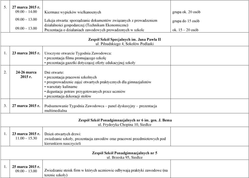 prowadzonych w szkole Zespół Szkół Specjalnych im. Jana Pawła II ul. Piłsudskiego 4, Sokołów Podlaski grupa ok. 20 osób grupa do 15 osób 1.