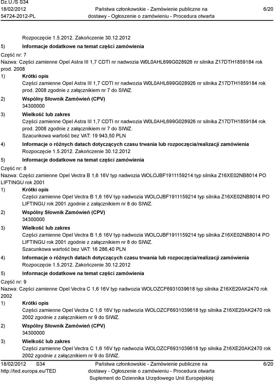 Części zamienne Opel Astra III 1,7 CDTI nr nadwozia W0L0AHL699G028926 nr silnika Z17DTH1859184 rok prod. 2008 zgodnie z załącznikiem nr 7 do SIWZ.