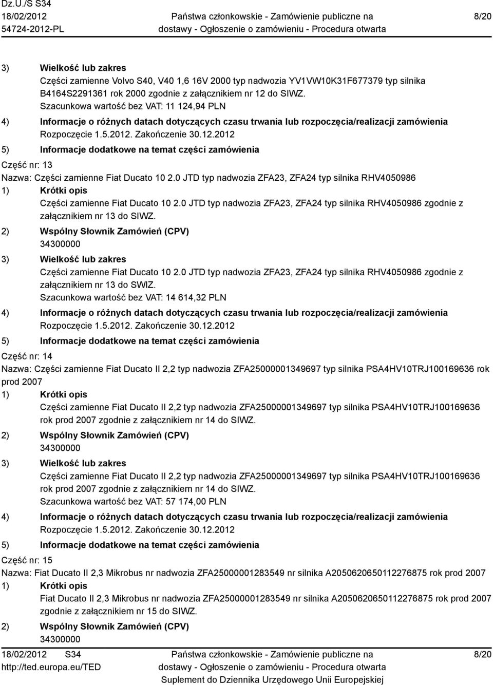 0 JTD typ nadwozia ZFA23, ZFA24 typ silnika RHV4050986 zgodnie z załącznikiem nr 13 do SIWZ. Części zamienne Fiat Ducato 10 2.