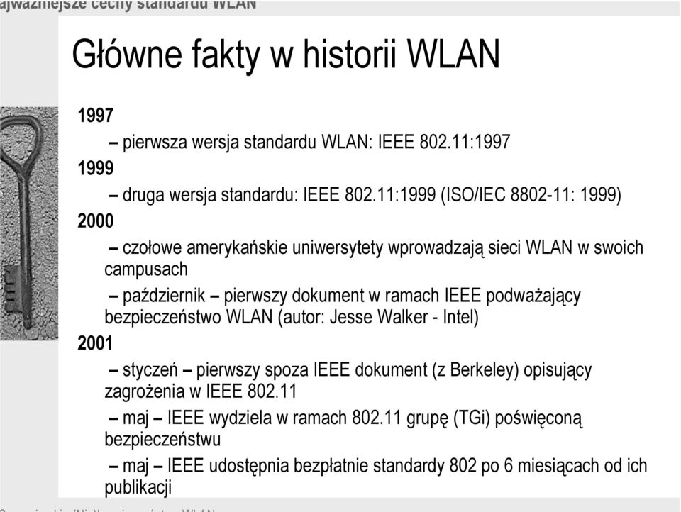 IEEE podważający bezpieczeństwo WLAN (autor: Jesse Walker - Intel) 2001 styczeń pierwszy spoza IEEE dokument (z Berkeley) opisujący zagrożenia w IEEE 802.