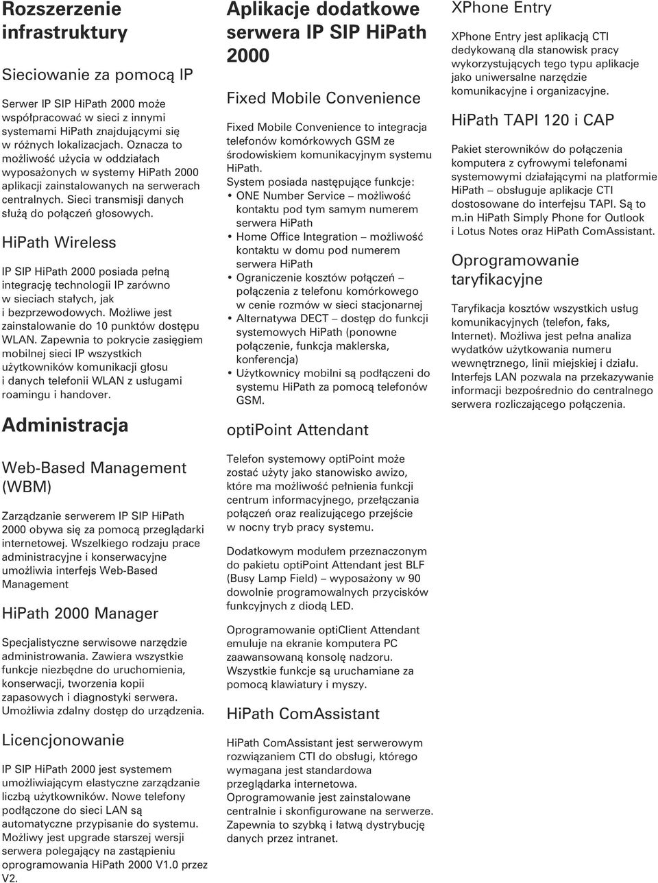 HiPath Wireless IP SIP HiPath 2000 posiada pełną integrację technologii IP zarówno w sieciach stałych, jak i bezprzewodowych. Możliwe jest zainstalowanie do 10 punktów dostępu WLAN.