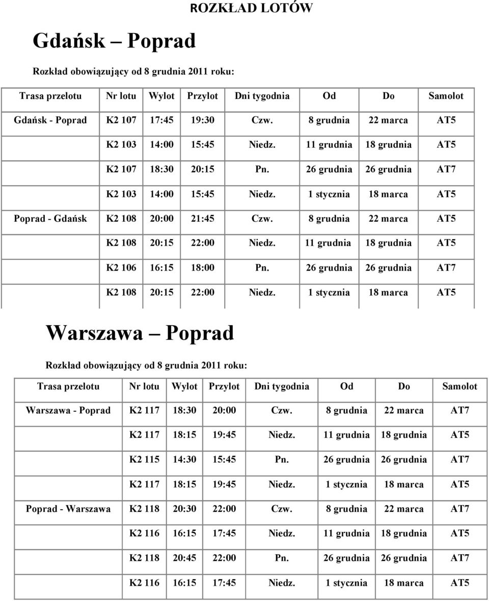 1 stycznia 18 marca AT5 Poprad - Gdańsk K2 108 20:00 21:45 Czw. 8 grudnia 22 marca AT5 K2 108 20:15 22:00 Niedz. 11 grudnia 18 grudnia AT5 K2 106 16:15 18:00 Pn.