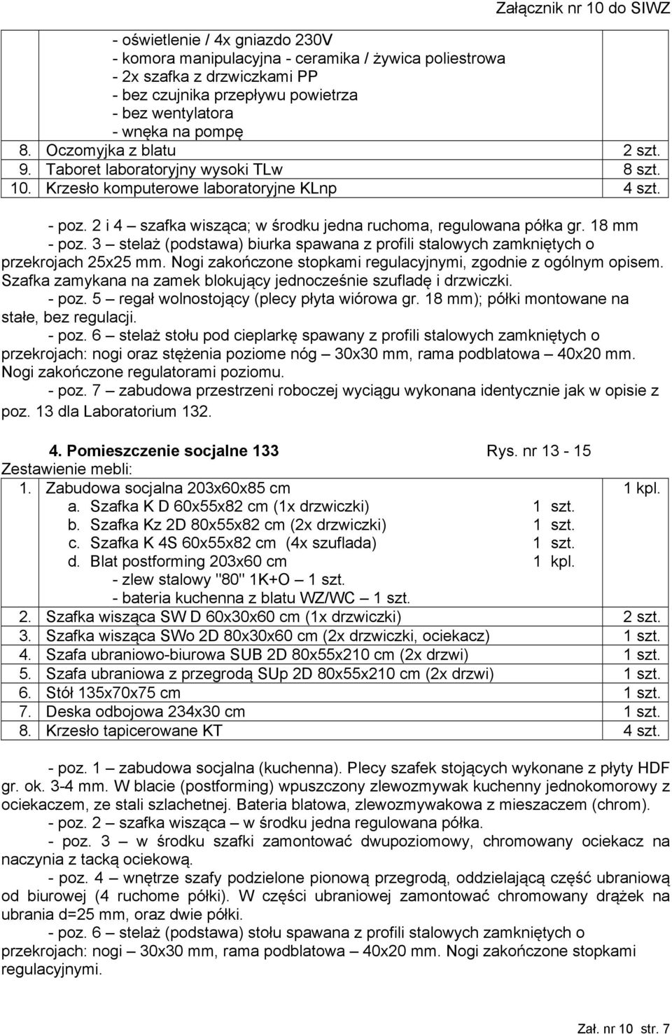 2 i 4 szafka wisząca; w środku jedna ruchoma, regulowana półka gr. 18 mm - poz. 3 stelaż (podstawa) biurka spawana z profili stalowych zamkniętych o przekrojach 25x25 mm.