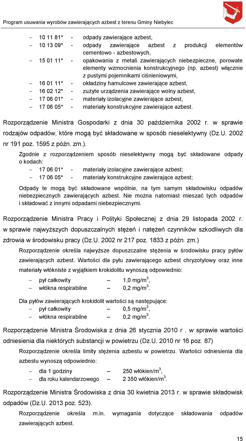 azbest) włącznie z pustymi pojemnikami ciśnieniowymi, 16 01 11* - okładziny hamulcowe zawierające azbest, 16 02 12* - zużyte urządzenia zawierające wolny azbest, 17 06 01* - materiały izolacyjne