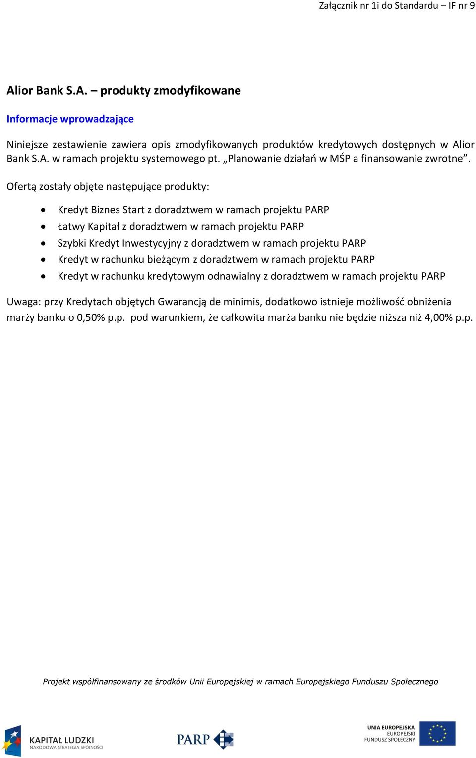 Ofertą zostały objęte następujące produkty: Kredyt Biznes Start z doradztwem w ramach projektu PARP Łatwy Kapitał z doradztwem w ramach projektu PARP Szybki Kredyt Inwestycyjny z doradztwem w