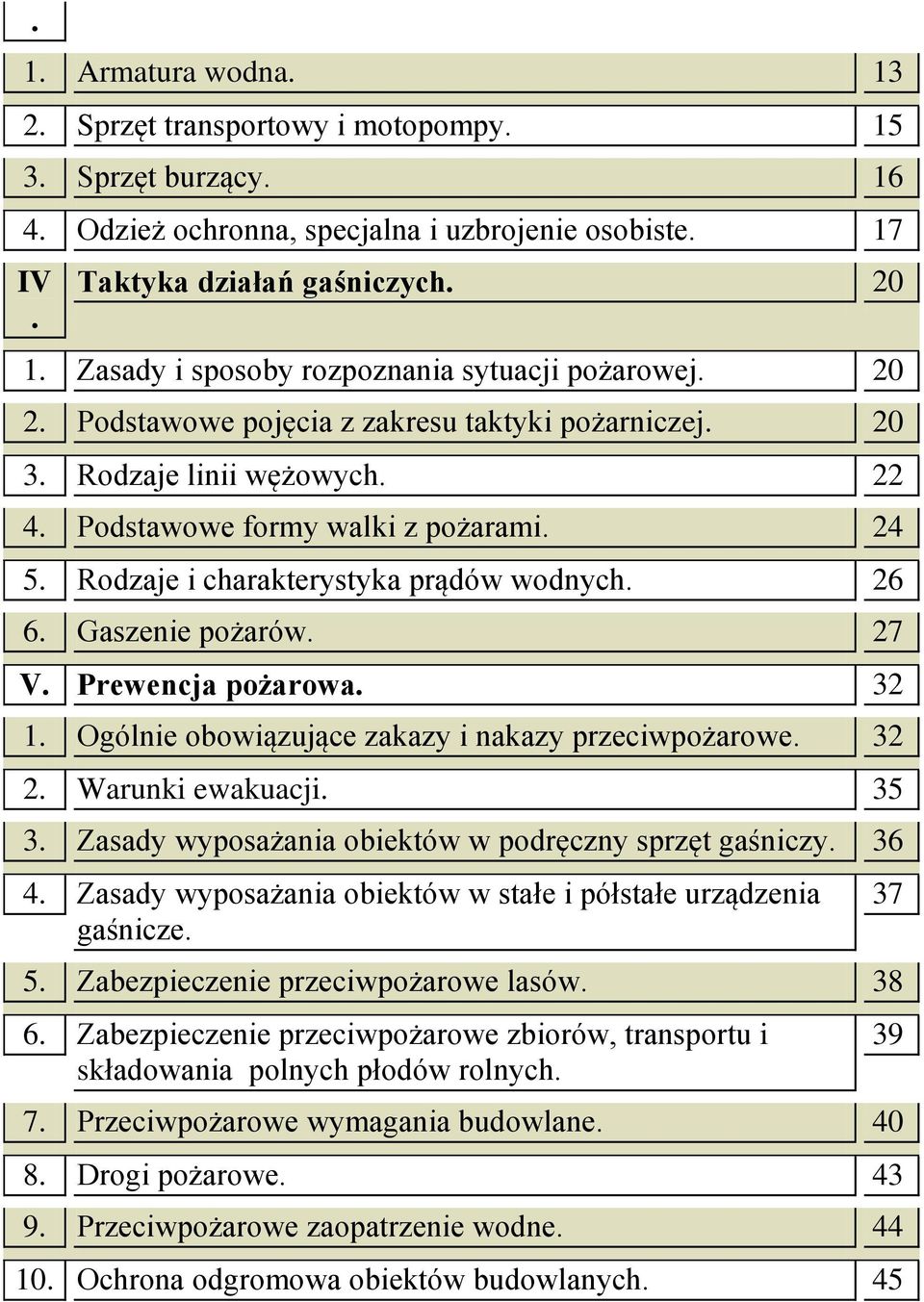 Rodzaje i charakterystyka prądów wodnych. 26 6. Gaszenie pożarów. 27 V. Prewencja pożarowa. 32 1. Ogólnie obowiązujące zakazy i nakazy przeciwpożarowe. 32 2. Warunki ewakuacji. 35 3.