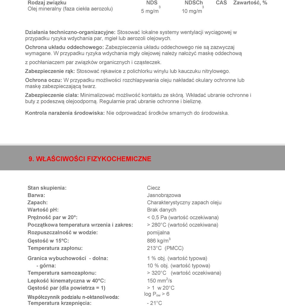 W przypadku ryzyka wdychania mgły olejowej należy nałożyć maskę oddechową z pochłaniaczem par związków organicznych i cząsteczek.