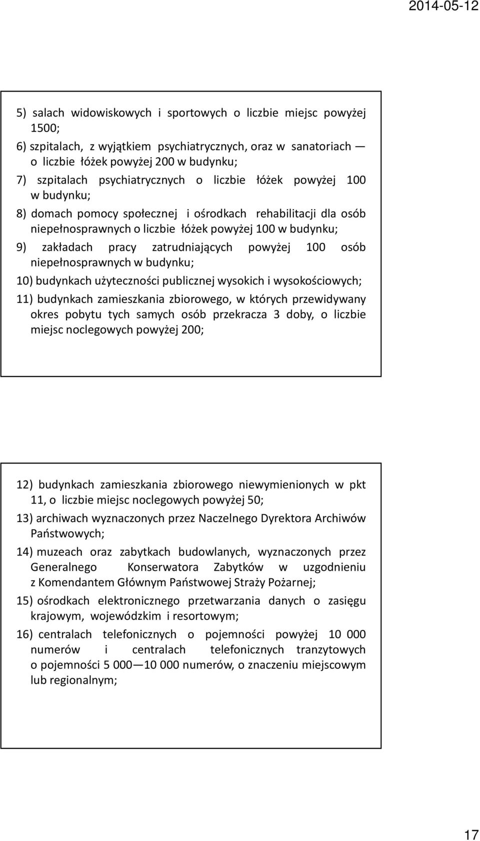 zatrudniających powyżej 100 osób niepełnosprawnych w budynku; 10) budynkach użyteczności publicznej wysokich i wysokościowych; 11) budynkach zamieszkania zbiorowego, w których przewidywany okres