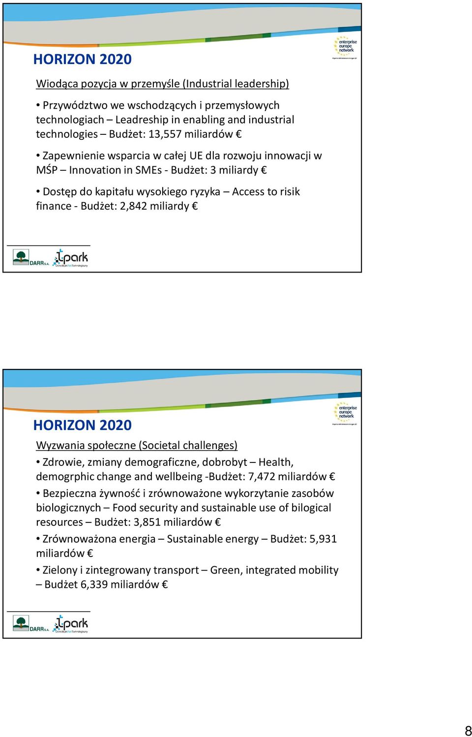 Wyzwania społeczne (Societal challenges) Zdrowie, zmiany demograficzne, dobrobyt Health, demogrphic change and wellbeing -Budżet: 7,472 miliardów Bezpieczna żywność i zrównoważone wykorzytanie