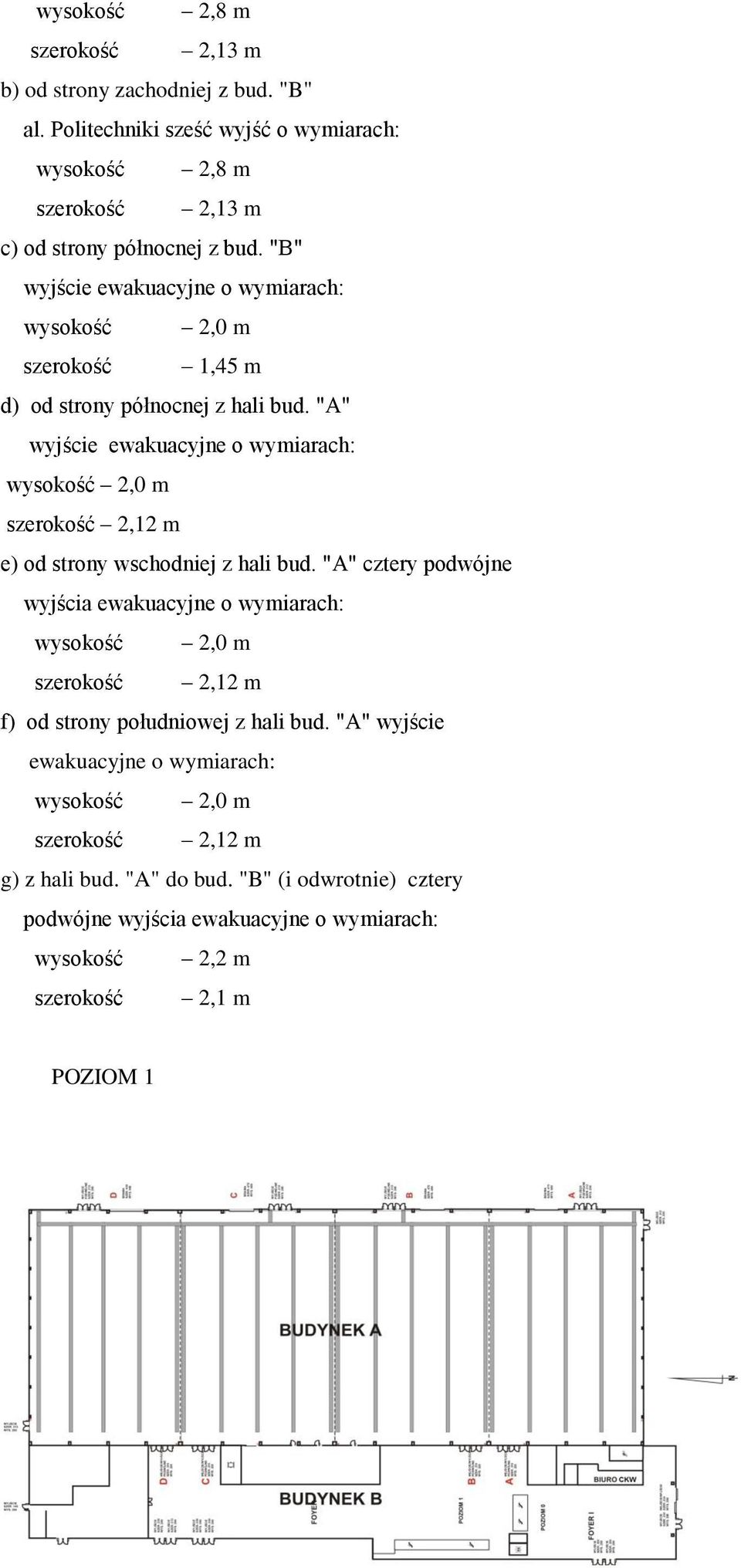 "A" wyjście ewakuacyjne o wymiarach: wysokość 2,0 m szerokość 2,12 m e) od strony wschodniej z hali bud.