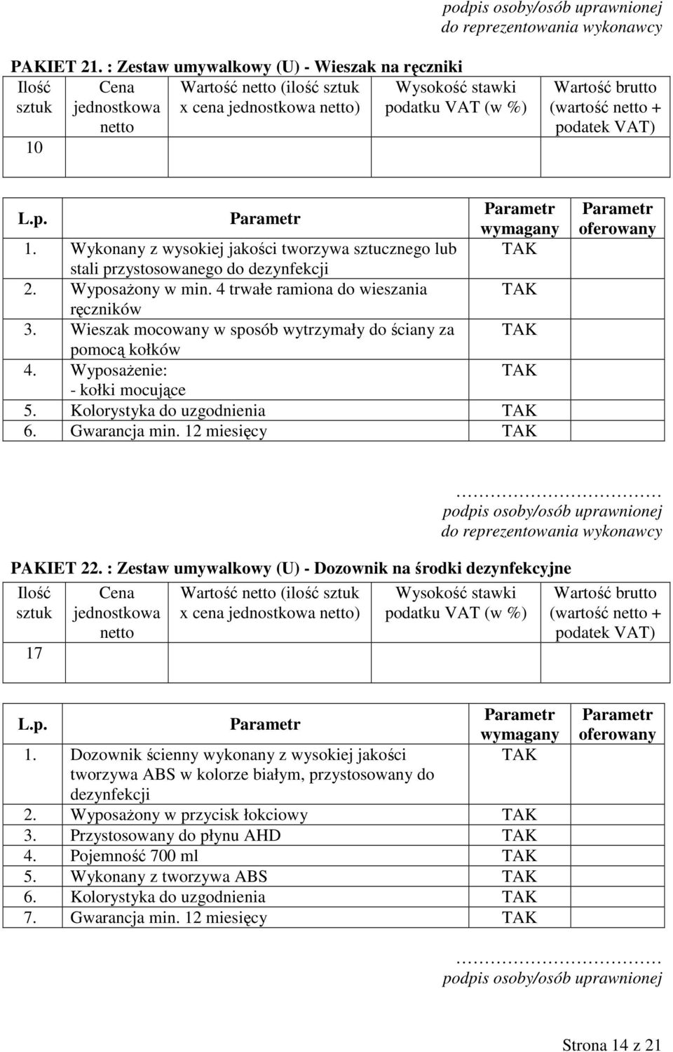 Gwarancja min. 2 miesięcy PAKIET 22. : Zestaw umywalkowy (U) - Dozownik na środki dezynfekcyjne 7 Wartość (ilość x cena ) (wartość +.