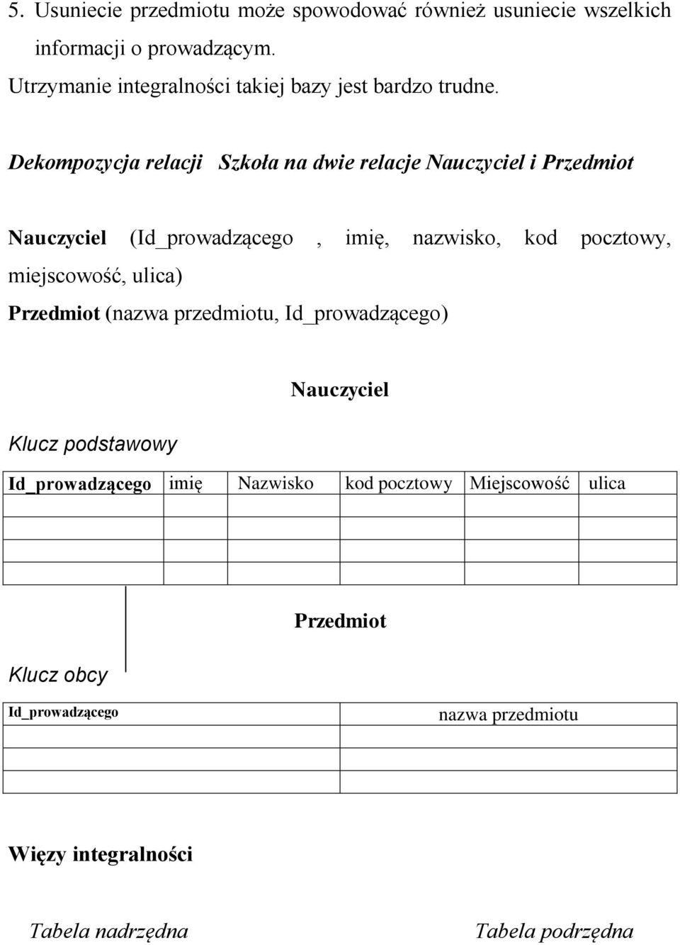 Dekompozycja relacji Szkoła na dwie relacje Nauczyciel i Przedmiot Nauczyciel (Id_prowadzącego, imię, nazwisko, kod pocztowy,