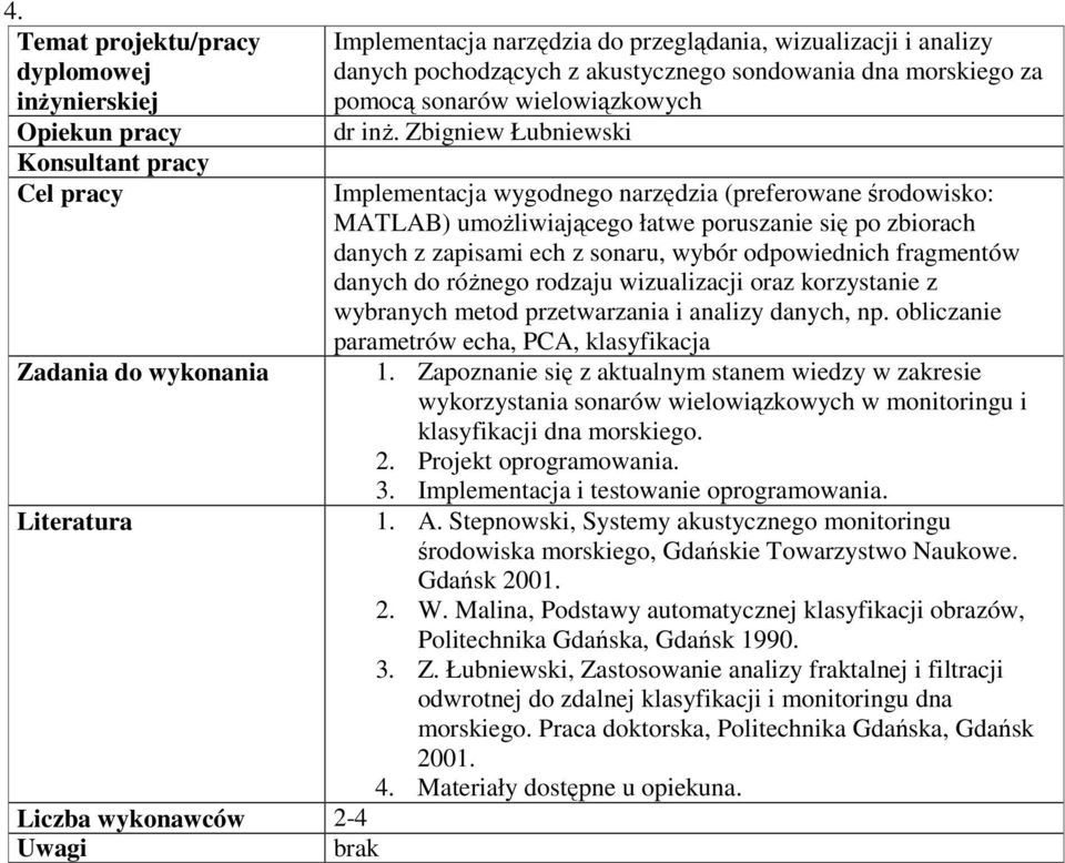 danych do różnego rodzaju wizualizacji oraz korzystanie z wybranych metod przetwarzania i analizy danych, np. obliczanie parametrów echa, PCA, klasyfikacja 1.