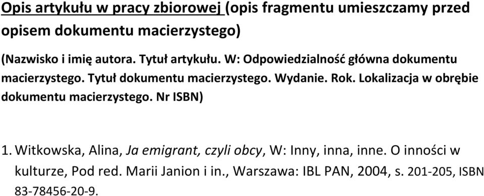 Rok. Lokalizacja w obrębie dokumentu macierzystego. Nr ISBN) 1.