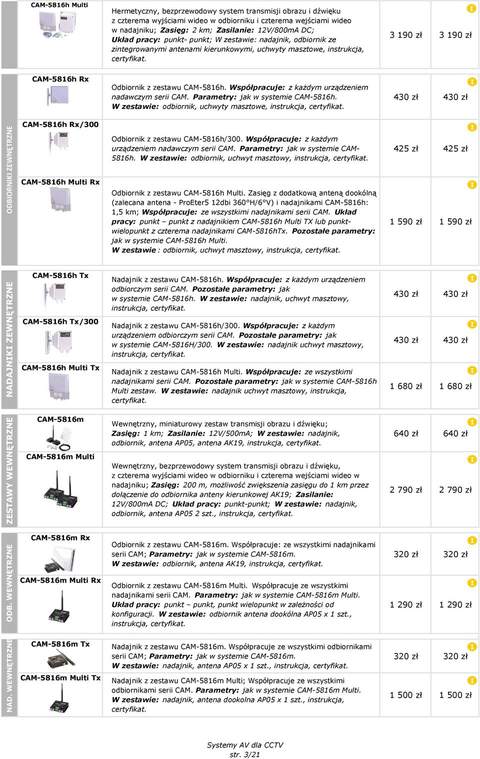 3 190 zł 3 190 zł CAM-5816h Rx Odbiornik z zestawu CAM-5816h. Współpracuje: z każdym urządzeniem nadawczym serii CAM. Parametry: jak w systemie CAM-5816h.
