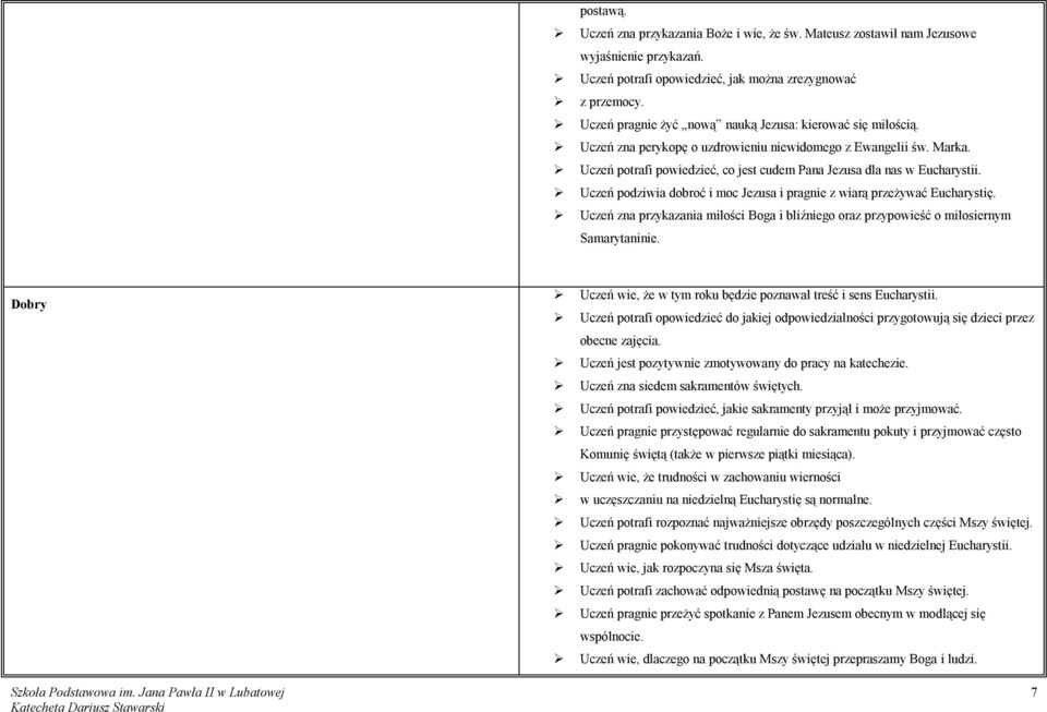 Uczeń potrafi powiedzieć, co jest cudem Pana Jezusa dla nas w Eucharystii. Uczeń podziwia dobroć i moc Jezusa i pragnie z wiarą przeżywać Eucharystię.