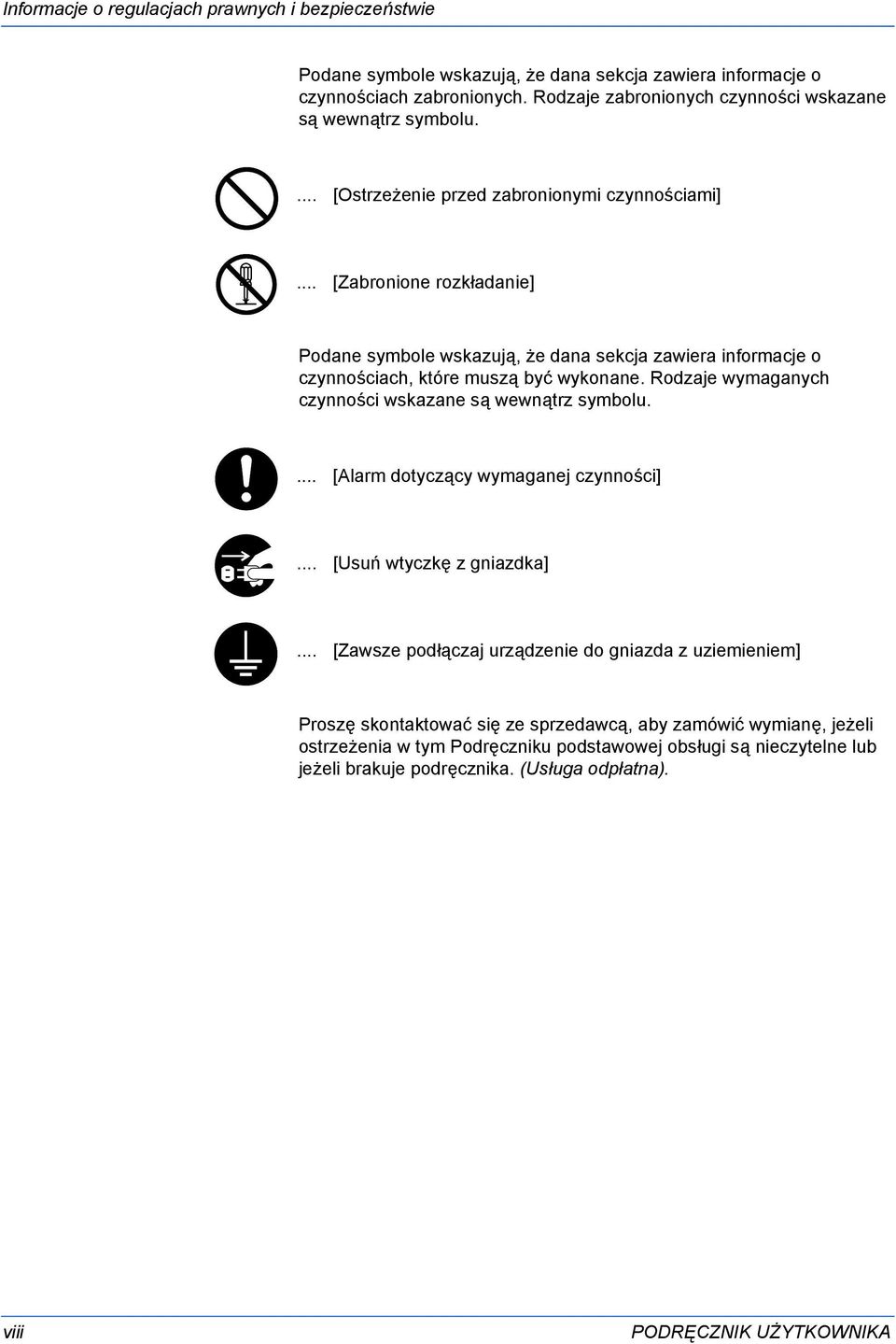 .. [Zabronione rozkładanie] Podane symbole wskazują, że dana sekcja zawiera informacje o czynnościach, które muszą być wykonane. Rodzaje wymaganych czynności wskazane są wewnątrz symbolu.