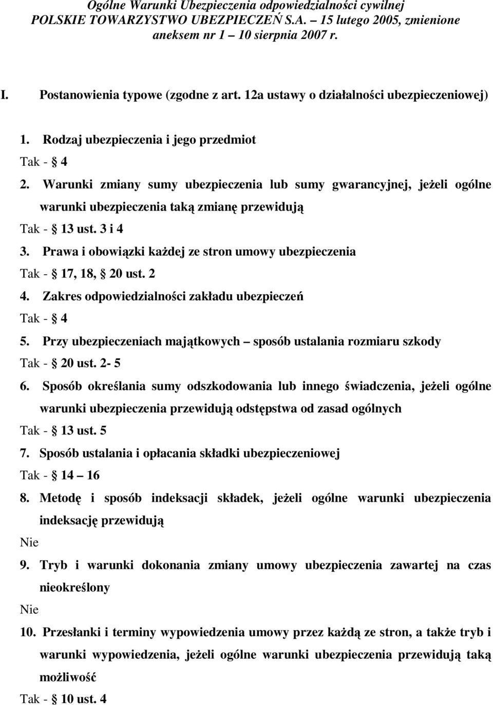 Warunki zmiany sumy ubezpieczenia lub sumy gwarancyjnej, jeżeli ogólne warunki ubezpieczenia taką zmianę przewidują Tak - 13 ust. 3 i 4 3.
