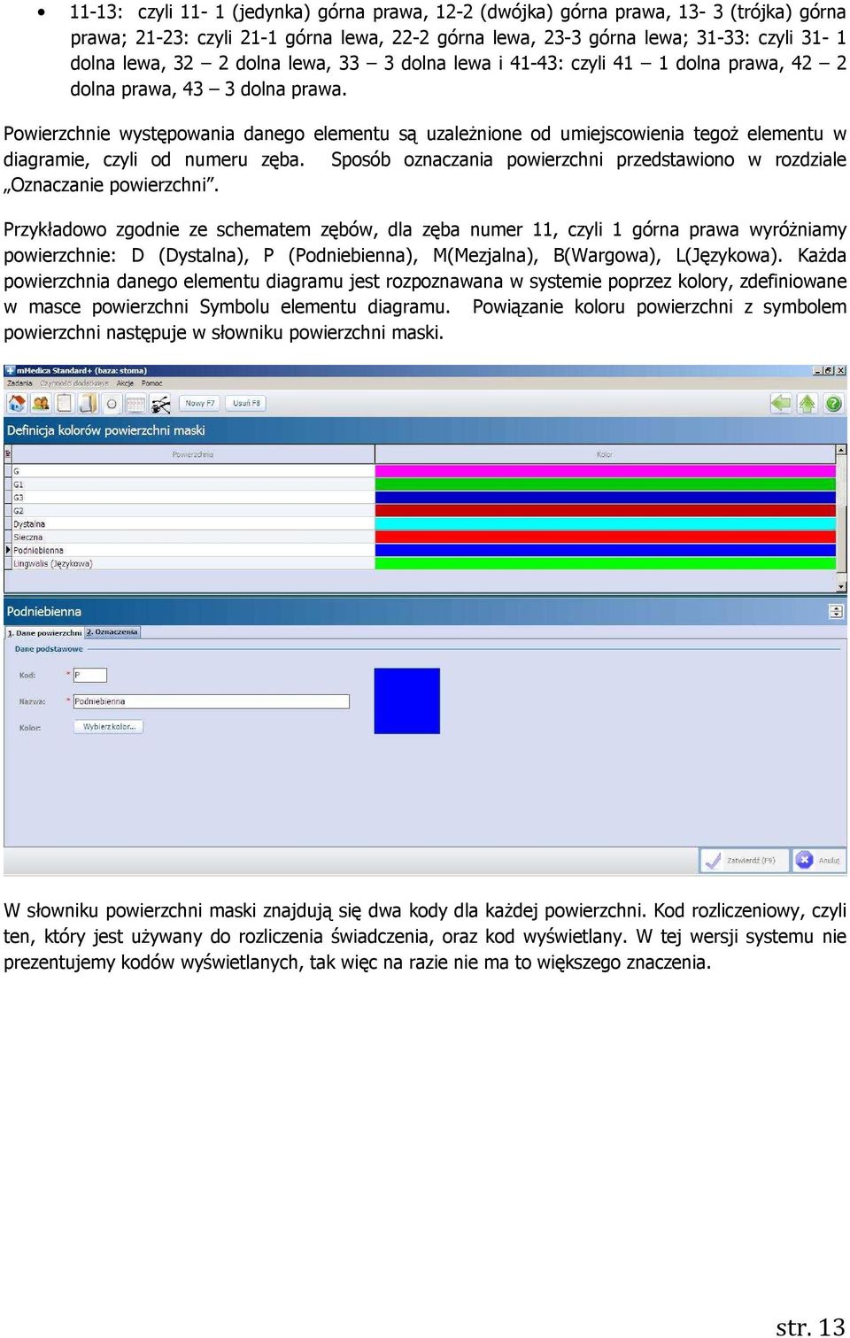 Powierzchnie występowania danego elementu są uzależnione od umiejscowienia tegoż elementu w diagramie, czyli od numeru zęba.