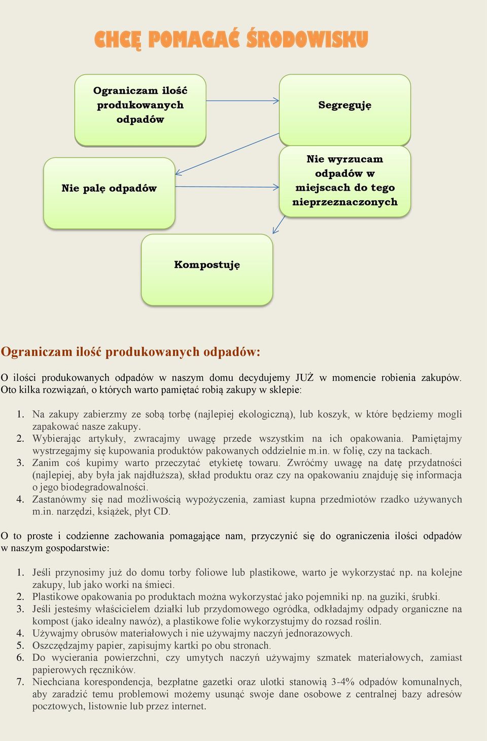 Na zakupy zabierzmy ze sobą torbę (najlepiej ekologiczną), lub koszyk, w które będziemy mogli zapakować nasze zakupy. 2. Wybierając artykuły, zwracajmy uwagę przede wszystkim na ich opakowania.