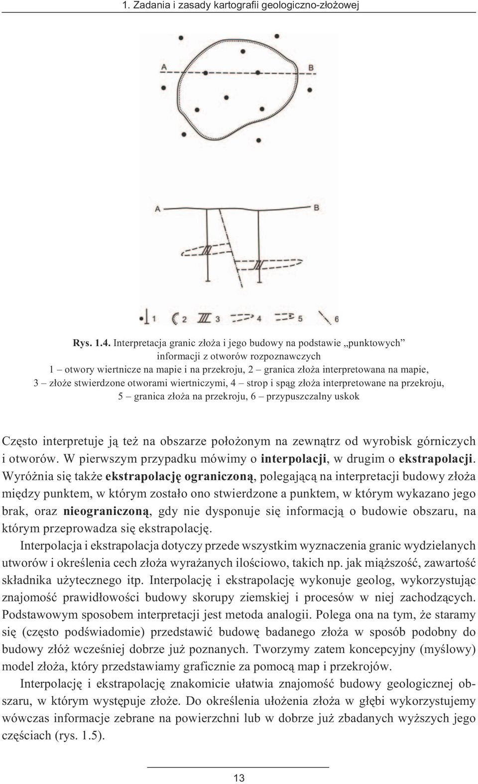 stwierdzone otworami wiertniczymi, 4 strop i sp¹g z³o a interpretowane na przekroju, 5 granica z³o a na przekroju, 6 przypuszczalny uskok Czêsto interpretuje j¹ te na obszarze po³o onym na zewn¹trz