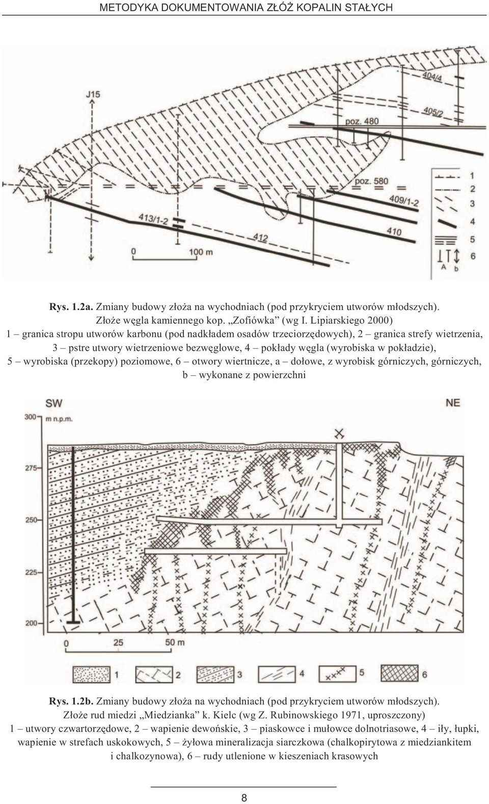 pok³adzie), 5 wyrobiska (przekopy) poziomowe, 6 otwory wiertnicze, a do³owe, z wyrobisk górniczych, górniczych, b wykonane z powierzchni Rys. 1.2b.