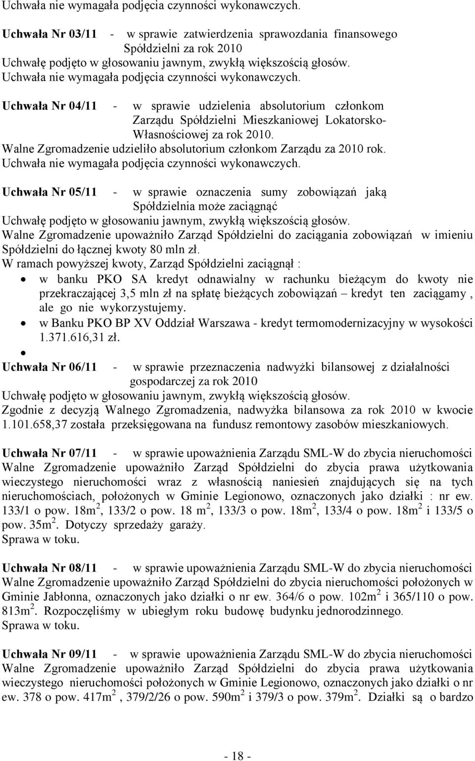 Uchwała Nr 04/11 - w sprawie udzielenia absolutorium członkom Zarządu Spółdzielni Mieszkaniowej Lokatorsko- Własnościowej za rok 2010.
