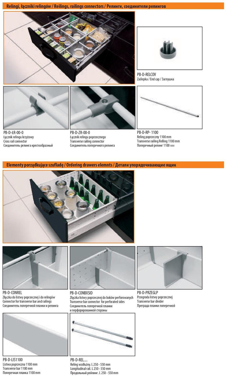 Relling 1100 mm Поперечный релинг 1100 мм Elementy porządkujące szufladę / Ordering drawers elemnts / Детали упорядочивающие ящик PB-D-CONREL Złączka do listwy poprzecznej i do relingów Connector for