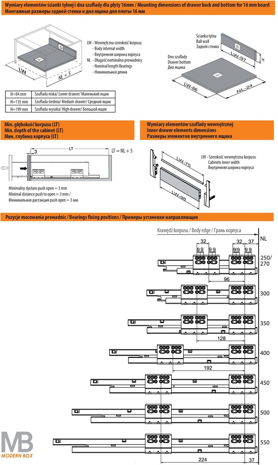 Ścianka tylna Ball wall Задняя стенка A B LW-7 H H=84 mm H=135 mm H=1 mm Szuflada niska/ Lower drawer/ Маленький ящик Szuflada średnia/ Medium drawer/ Средний ящик Szuflada wysoka/ High drawer/
