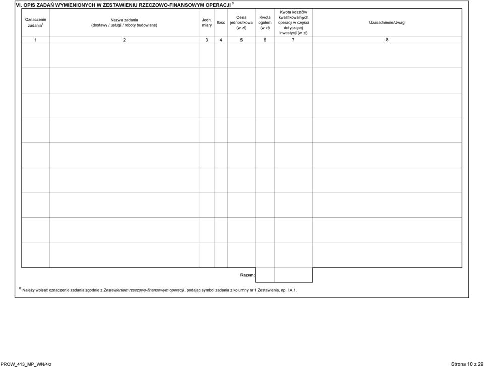 miary 1 2 3 4 5 6 7 8 Ilość Cena jednostkowa (w zł) Kwota ogółem (w zł) Kwota kosztów kwalifikowalnych operacji w części
