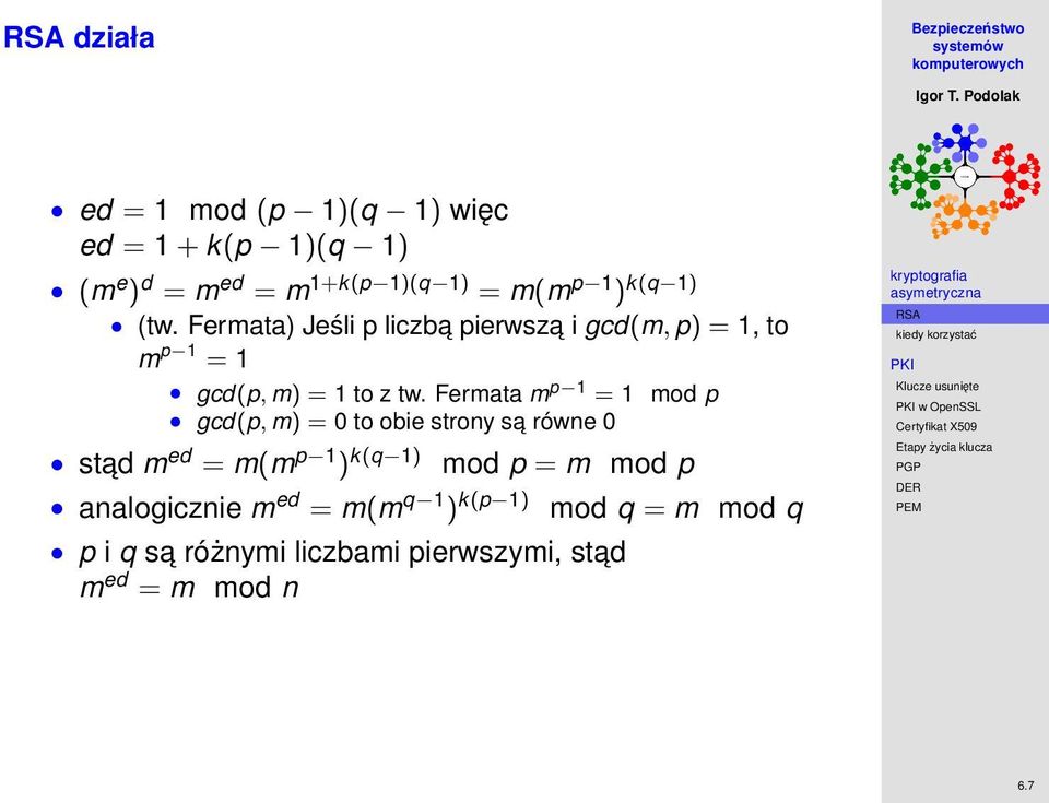 Fermata m p 1 = 1 mod p gcd(p, m) = 0 to obie strony sa równe 0 stad m ed = m(m p 1 ) k(q 1) analogicznie m
