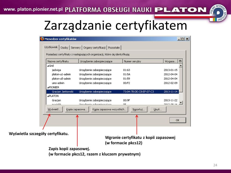 Wgranie certyfikatu z kopii zapasowej (w
