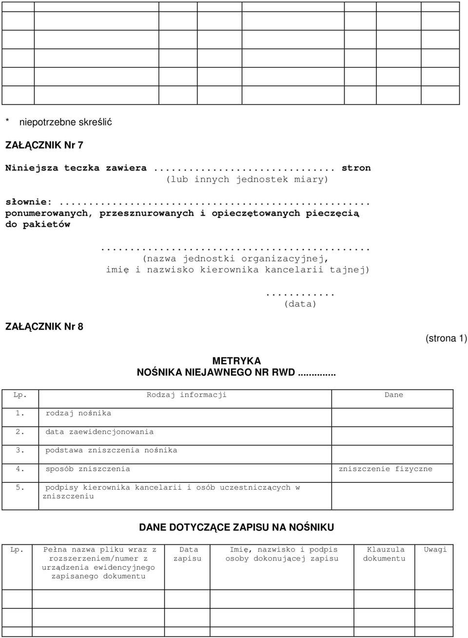 rodzaj nośnika 2. data zaewidencjonowania 3. podstawa zniszczenia nośnika 4. sposób zniszczenia zniszczenie fizyczne 5.