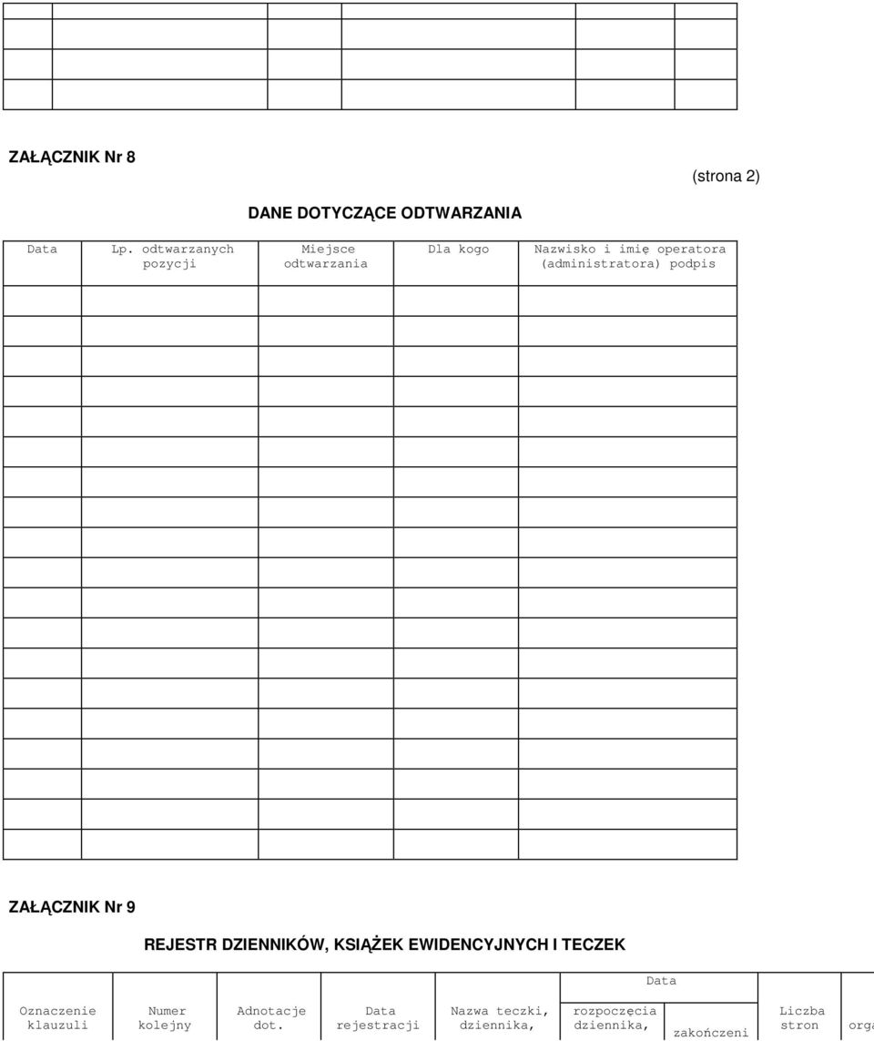podpis ZAŁĄCZNIK Nr 9 REJESTR DZIENNIKÓW, KSIĄśEK EWIDENCYJNYCH I TECZEK Data Oznaczenie