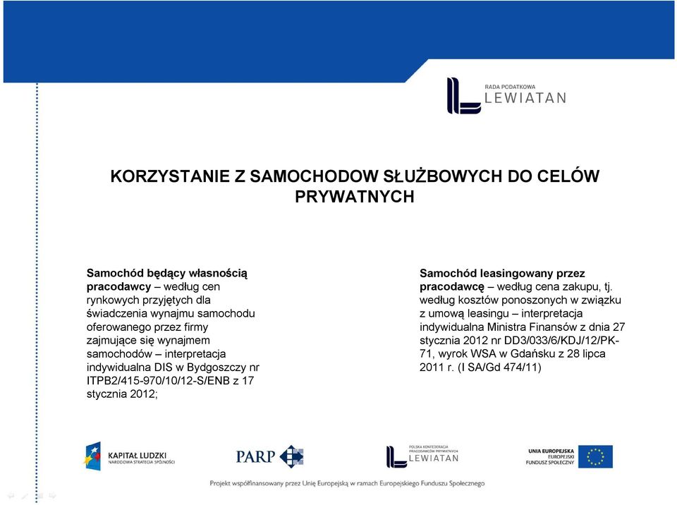 ITPB2/415-970/10/12-S/ENB z 17 stycznia 2012; Samochód leasingowany przez pracodawcę według cena zakupu, tj.