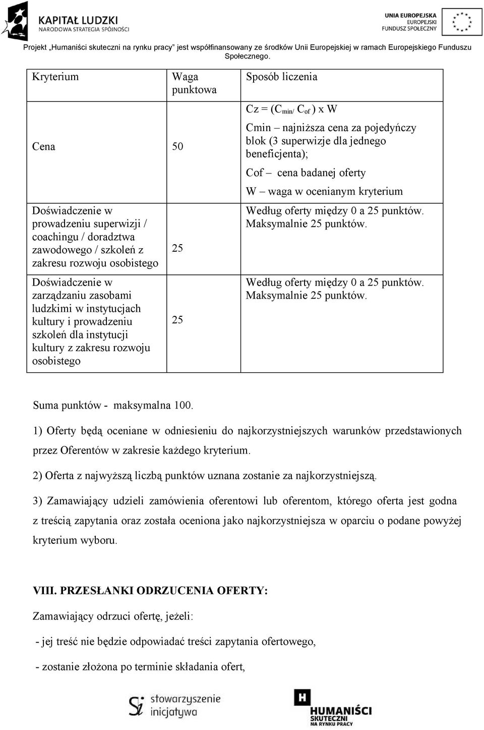 beneficjenta); Cof cena badanej oferty W waga w ocenianym kryterium Według oferty między 0 a 25 punktów. Maksymalnie 25 punktów. Według oferty między 0 a 25 punktów. Maksymalnie 25 punktów. Suma punktów - maksymalna 100.