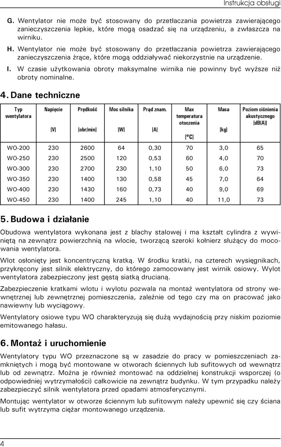 W czasie użytkowania obroty maksymalne wirnika nie powinny być wyższe niż obroty nominalne. 4. Dane techniczne Typ wentylatora Napięcie [V] Prędkość [obr/min] Moc silnika [W] Prąd znam.