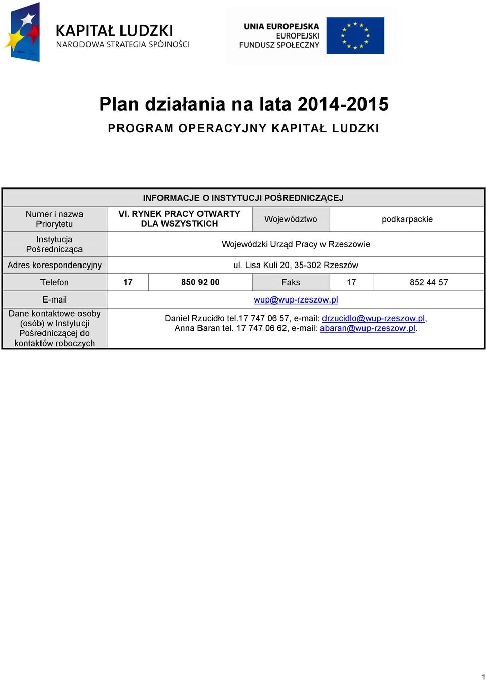 Lisa Kuli 20, 35-302 Rzeszów podkarpackie Telefon 7 850 92 00 Faks 7 852 44 57 E-mail Dane kontaktowe osoby (osób) w Instytucji Pośredniczącej