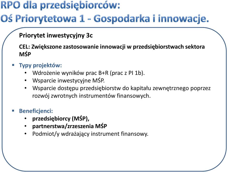 Wsparcie dostępu przedsiębiorstw do kapitału zewnętrznego poprzez rozwój zwrotnych instrumentów