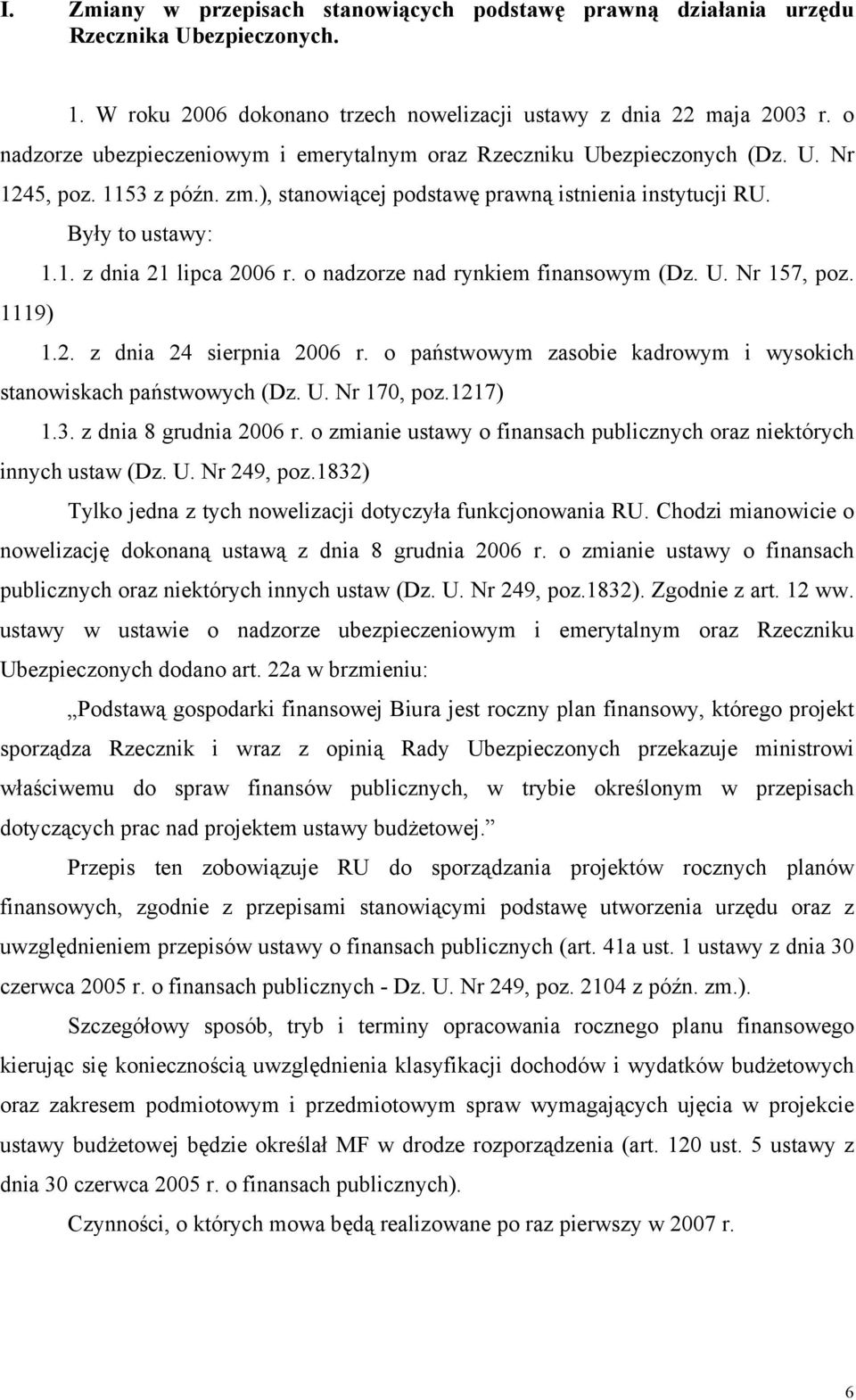 o nadzorze nad rynkiem finansowym (Dz. U. Nr 157, poz. 1119) 1.2. z dnia 24 sierpnia 2006 r. o państwowym zasobie kadrowym i wysokich stanowiskach państwowych (Dz. U. Nr 170, poz.1217) 1.3.
