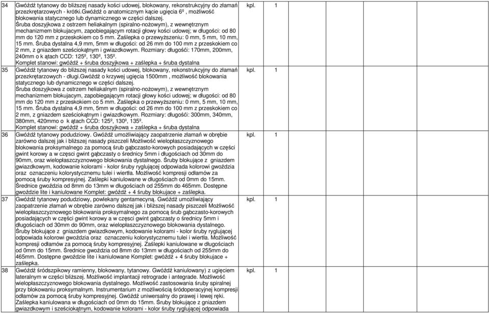 Śruba doszyjkowa z ostrzem heliakalnym (spiralno-nożowym), z wewnętrznym mechanizmem blokujacym, zapobiegającym rotacji głowy kości udowej; w długości: od 80 mm do 120 mm z przeskokiem co 5 mm.